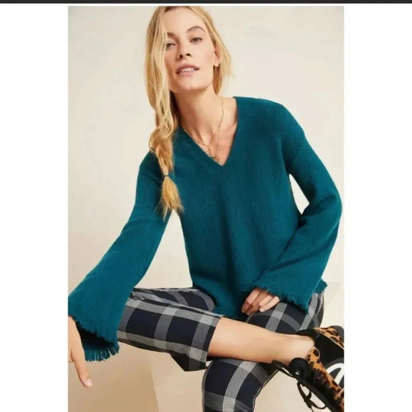 Anthropologie | Joy Fringed V Neck Sweater Medium New Dark Turquoise Teal New - Picture 2 of 14